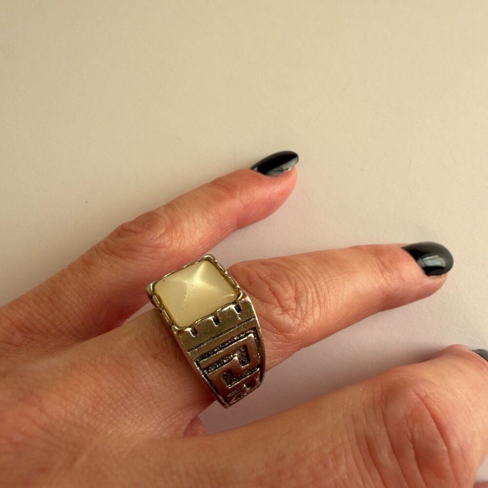 Silver Tone Signet Statement Ring Y2K Luxury Greek Key Unisex Sz 8